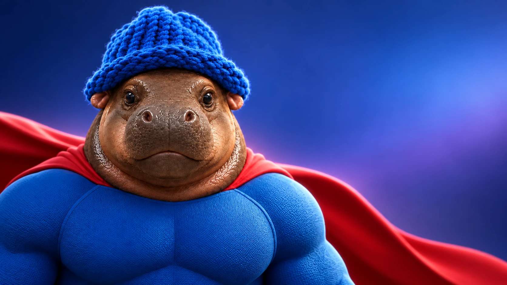 A close-up of SC and his unmistakable knitted blue cap